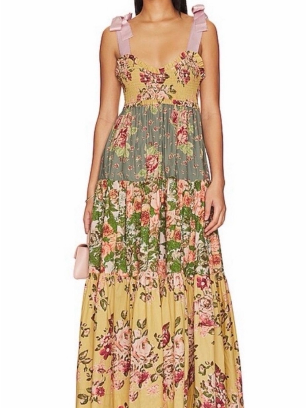 Free People Yellow, Green & Pink Floral Tiered Maxi Dress
